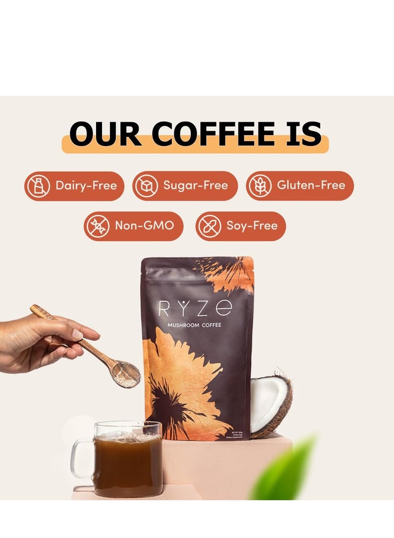 Ryze Organic Mushroom Coffee Instant Powder with 6 Adaptogenic Mushrooms (Lion's Mane, Turkey Tail, Shiitake, Reishi, Chaga, Cordyceps)  MCT Oil for Energy Boost, Mental Focus, Digestion  Immunity Support – 180g, Vegan, Gluten-Free, Non-GMO - Image 4